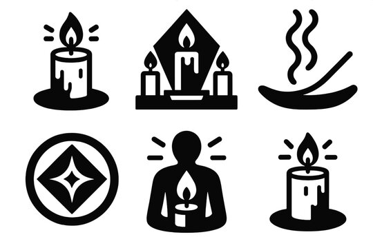 Spiritual Candlelight Icons. Spiritual candlelight icon set in silhouette bold style. Contain prayer candle, altar setup, incense smoke, sacred symbol, inner light, peaceful glow