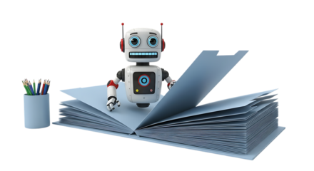 Cute robot reading an open book with pencils transparent