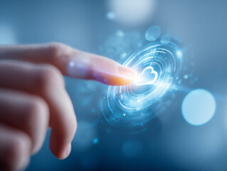 Human finger interacting with futuristic digital cloud storage icon surrounded by glowing blue circular data visualization effects on blurred background