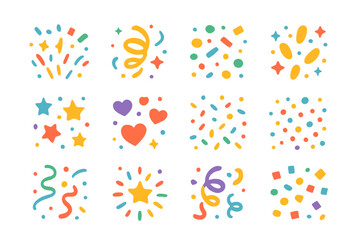 Obraz premium Vibrant Confetti Festivity. Confetti Celebration vector set in modern flat style : confetti burst, confetti swirl, scattered pieces, metallic confetti, star