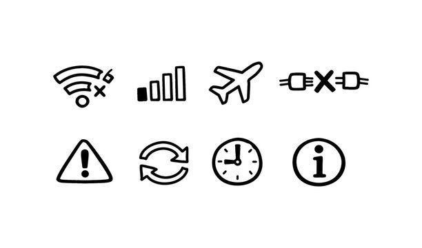 Collection of hand-drawn icons representing common digital and travel symbols