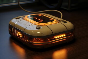 Futuristic gadget illuminating a dark wooden desk with orange light and a vintage display