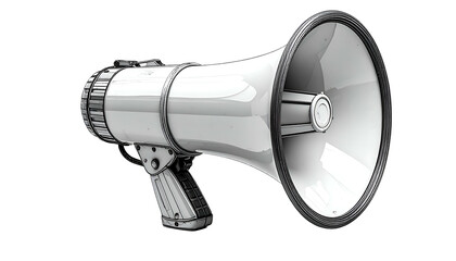 A 3D render of a hand-held electronic megaphone, white with silver and black accents. Isolated against a black backdrop, it's angled slightly