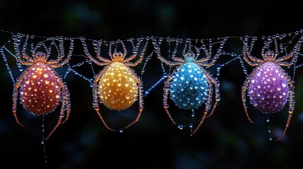 Four colorful spiders adorned with dew drops on a web at night