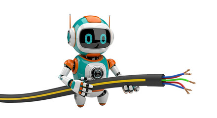 Futuristic Robot Assistant Connecting Electric Cable for Technology Automation Solutions