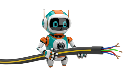 Cute robot holding electrical wire with exposed colorful wires transparent
