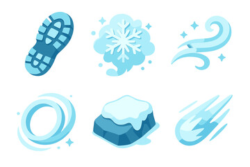 Obraz premium Arctic Motion Icons. Snowrun Arctic Motion set in isometric flat vector : running boot print, snow burst, icy gust swirl, cold momentum ring, frosted path stone, swift freeze mark