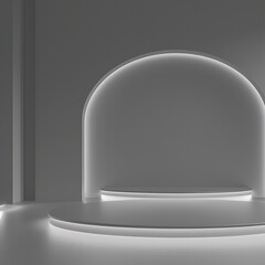 Minimalist Podium Design: A sleek, modern architectural interior featuring a glowing arch and minimalist platforms bathed in soft light.