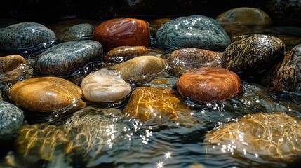 Close up of Smooth Wet River Stones Gleaming Under Sunlight With Rippling Water Reflections