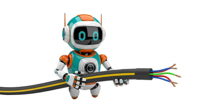 Cute robot holding electrical wire with exposed colorful wires transparent - Powered by Adobe