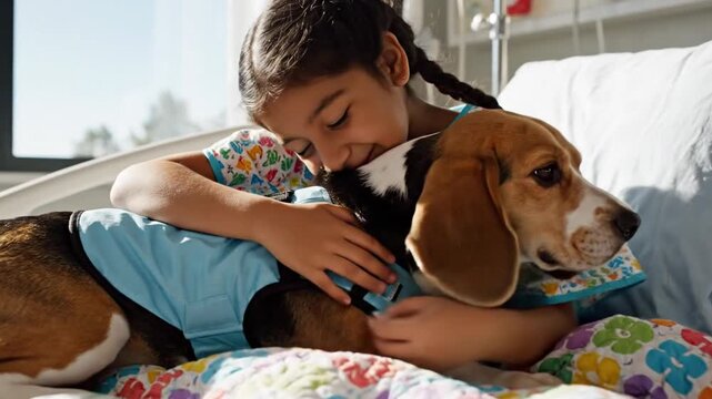 Young girl in hospital bed smiles petting therapy dog wearing blue vest