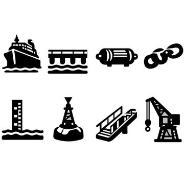 Bold Maritime Icons. Maritime docking icon set in silhouette bold style. Contain ship silhouette, pier, fender, anchor chain, tide gauge, buoy marker, gangway, crane