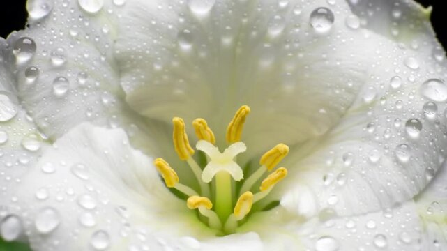 Close-up of a white tulip with water droplets on a black background.