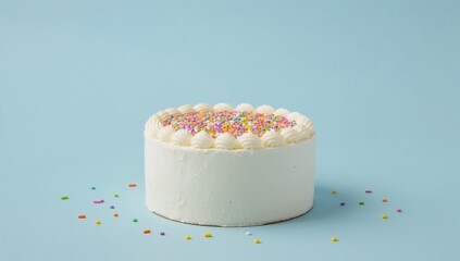 A simple decorated cake with colorful sprinkles. The cake has white frosting