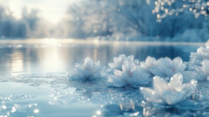 Delicate Frost Flowers Adorn Icy Water Surface in Soft Morning Sunlight