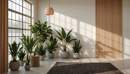 An interior design showcases a curated collection of potted plants. The image is filled with natural light, enhancing the beauty of each plant
