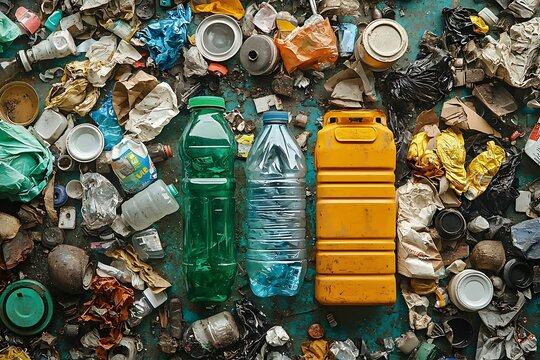 Ocean of Trash: A sea of discarded plastic waste engulfs the viewer. Featuring different type plastic bottles 