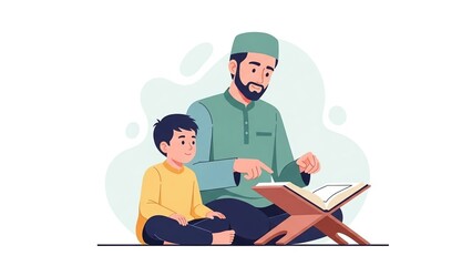 Fototapeta premium Illustration of a Muslim father teaching his son about religious scriptures, fostering spiritual education and intergenerational learning in a peaceful family setting