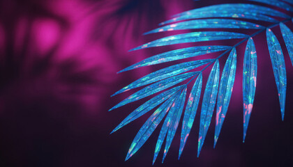 Futuristic tropical palm leaf pattern in blue holographic tones, paired with a fluorescent pink and purple background, perfect for retro synthwave parties or vaporwave fashion art projects.