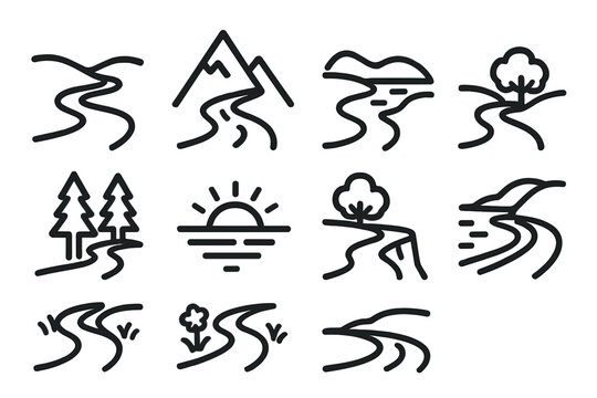 Scenic Icons Collection. Scenic Routes set in outline vector style: winding road, mountain pass, riverbend view, forest trail, sunset horizon, cliff overlook, meadow path, coastal curve