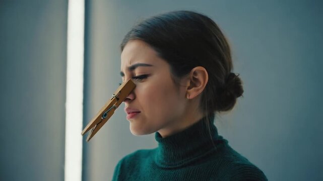 Person with clothespins on their nose. Bad smell.