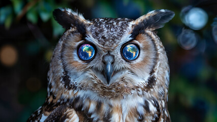 Obraz premium Owl with world map reflections in eyes on blurred green background 