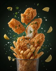 Delicious fried chicken and fries are creatively arranged, with lemon wedges, conveying freshness and flavor