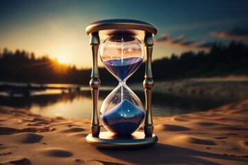 Hourglass with blue sand measuring time on a sandy beach at sunset beside a lake