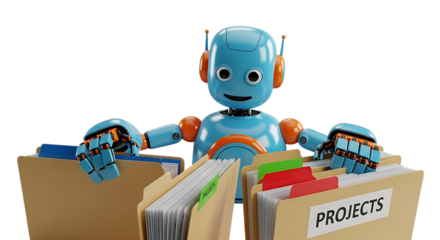 Blue robot holding project files with colorful tabs transparent