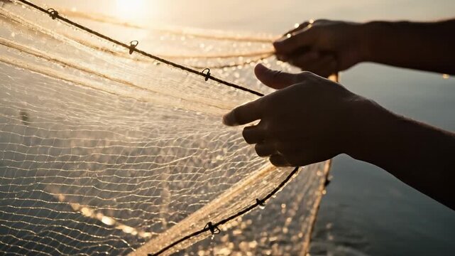 Fisherman holding fishing net at sunset with water droplets.