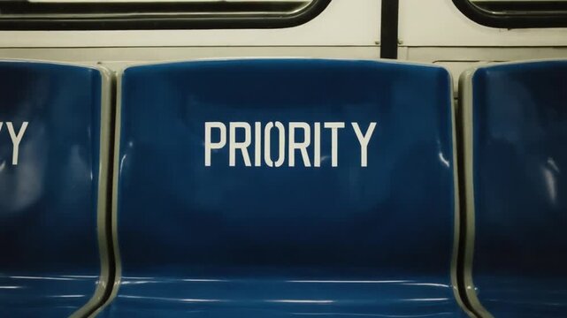 Priority sign on the subway seat. Priority seat.