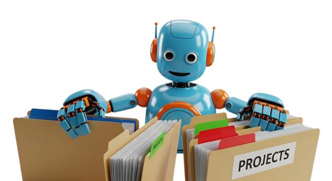 Blue robot holding project files with colorful tabs transparent - Powered by Adobe