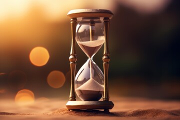 Hourglass with sand flowing, symbolizing time passing and golden hour moments