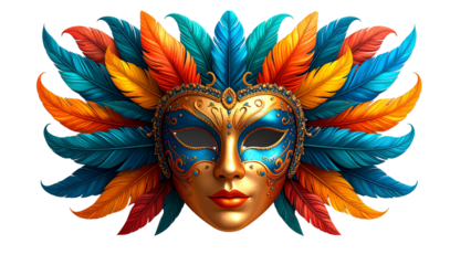 Vibrant Venetian masquerade mask with colorful feathers and gold accents on PNG White Background