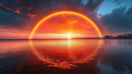 Vibrant Orange Sun Ring Over Calm Water Reflecting Cityscape at Sunset