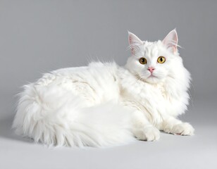 Fototapeta premium Fluffy white feline, lying down, looking at the viewer