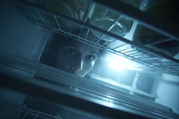 Midnight Hunger Pangs - Person Staring at Empty Fridge Shelves in Dim Light