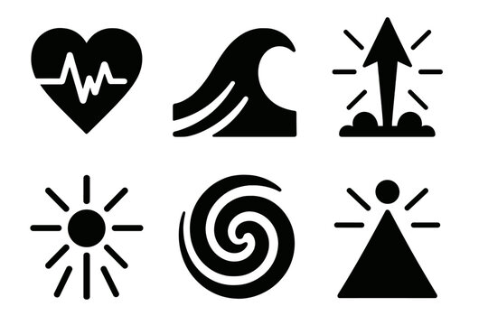 Crescendo Icon Set. Emotional crescendo icon set in silhouette bold style. Contain heart pulse rise, expressive wave, lifting spark, expanding aura, stirring swirl, climactic point