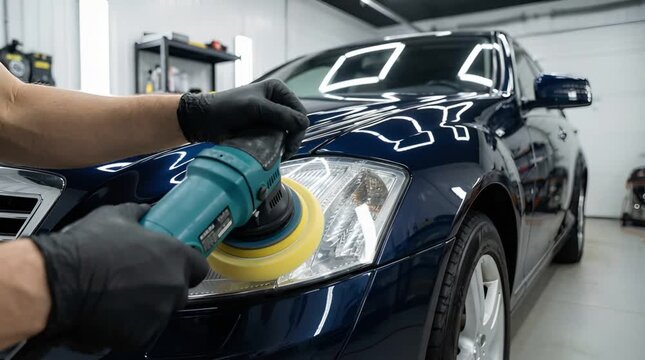 Automotive Detailer Buffing Blue Car Headlight with Polishing Machine in Repair Shop Interior with White Walls and Black Gloves