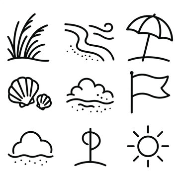 Coastal Icon Set. Coastal Breeze set in outline vector style: dune grass, shoreline curve, soft gust lines, beach umbrella, seashell pair, tide foam, breezy flag, warm sun