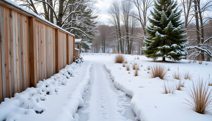 Melting snow beside garden fence in early spring countryside, renewal