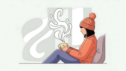 Cozy Flat Illustration of a Woman in Winter Clothes Drinking a Hot Beverage