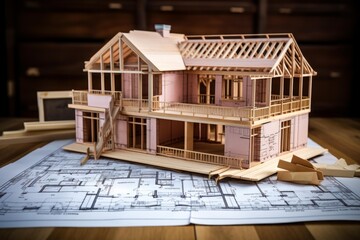 Wooden house model sitting on top of architectural blueprints, showing construction design