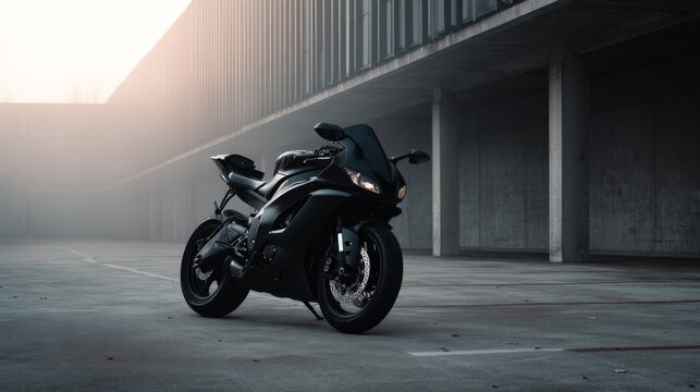 Black sport motorcycle in empty parking lot, dramatic lighting