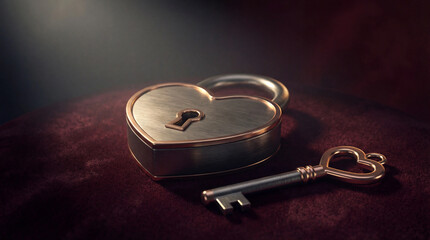 Valentine's Day heart lock and key on red velvet