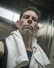 Exhausted Gym Goer Taking Mirror Selfie in Elevator with Towel.