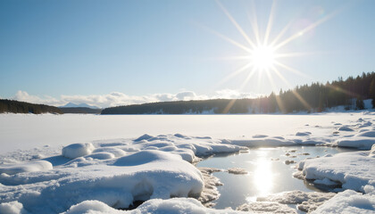 Spring sunlight reflecting on melting snow, seasonal transition concept