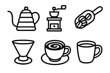 Artisanal Coffee Icons. Caf&eacute; Mood artisanal set in outline vector style: hand-pour kettle, grinder, bean scoop, dripper cone, crema swirl, crafted cup