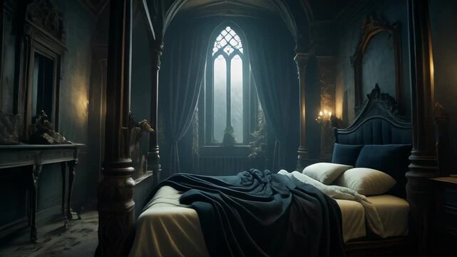 Gothic Four-Poster Bed Chamber with Ornate Arched Window and Dramatic Lighting, Dark Academia