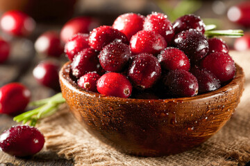 Fresh water droplets on ripe red cranberries placed in a wooden bowl on a textured fabric surface under warm natural light effects